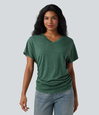 V-neck Short Sleeve Ruched Relaxed Casual Top — Emerald Floral Yarn — view 7
