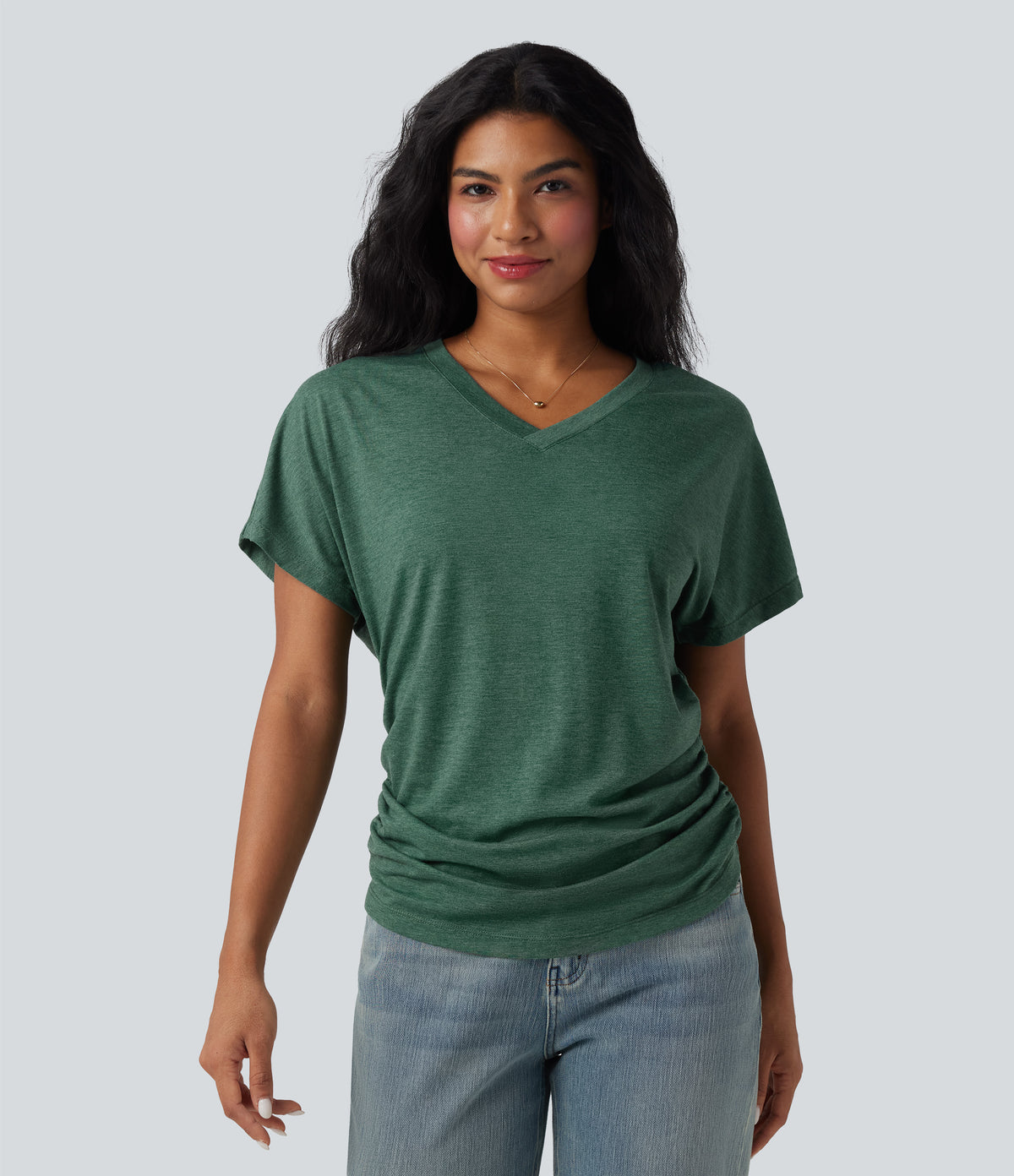 V-neck Short Sleeve Ruched Relaxed Casual Top — Emerald Floral Yarn — view 7