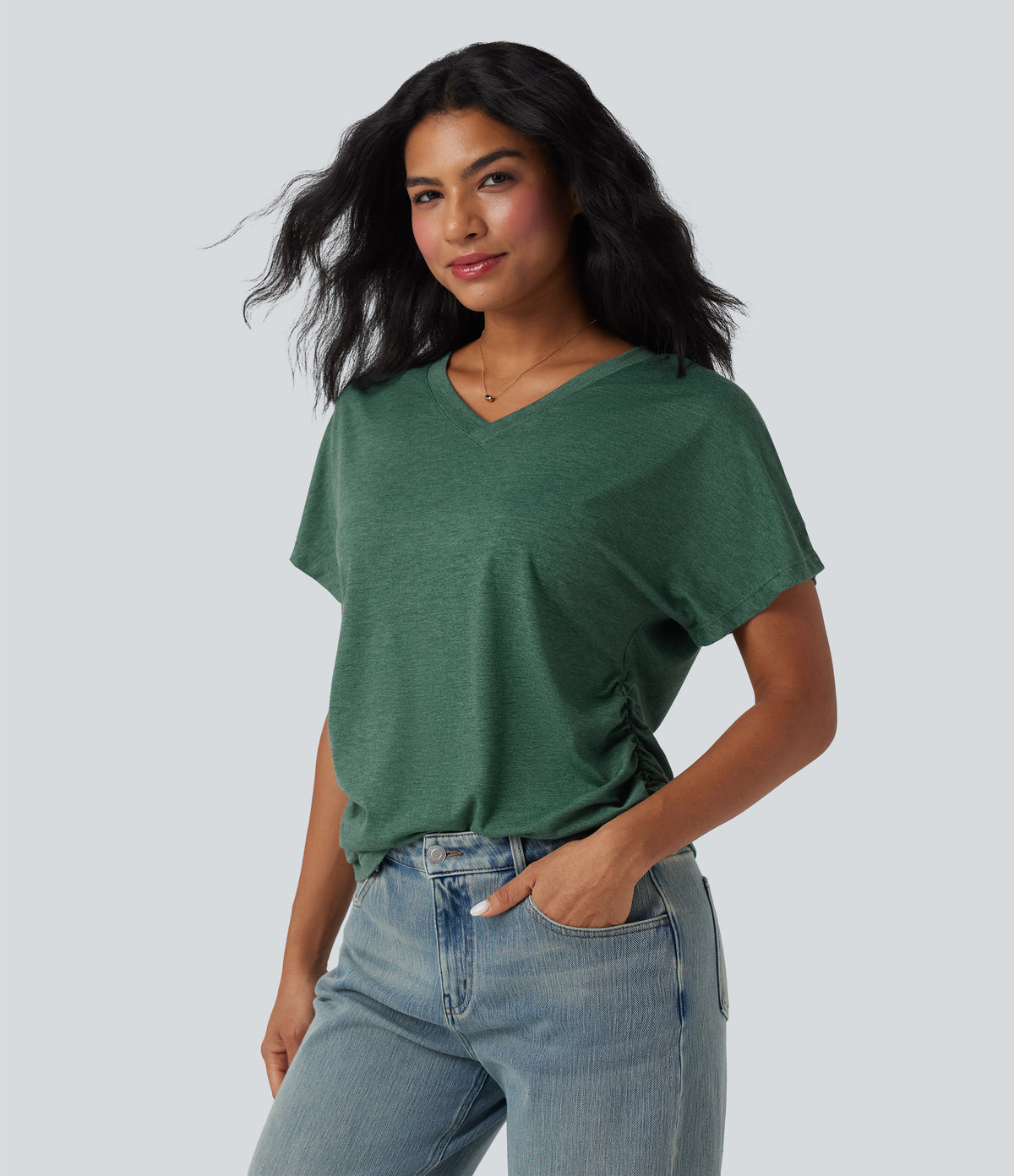 V-neck Short Sleeve Ruched Relaxed Casual Top — Emerald Floral Yarn — view 4
