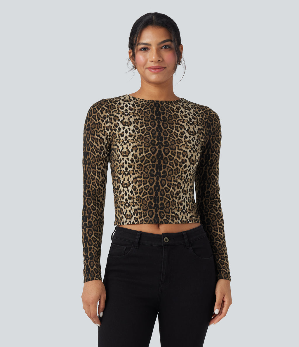 Round Neck Long Sleeve Tie Back Leopard Print Slim Casual Top — Safari Spot — view 3