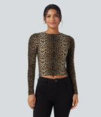 Round Neck Long Sleeve Tie Back Leopard Print Slim Casual Top — Safari Spot — view 3