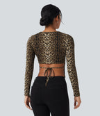 Round Neck Long Sleeve Tie Back Leopard Print Slim Casual Top — Safari Spot — view 2
