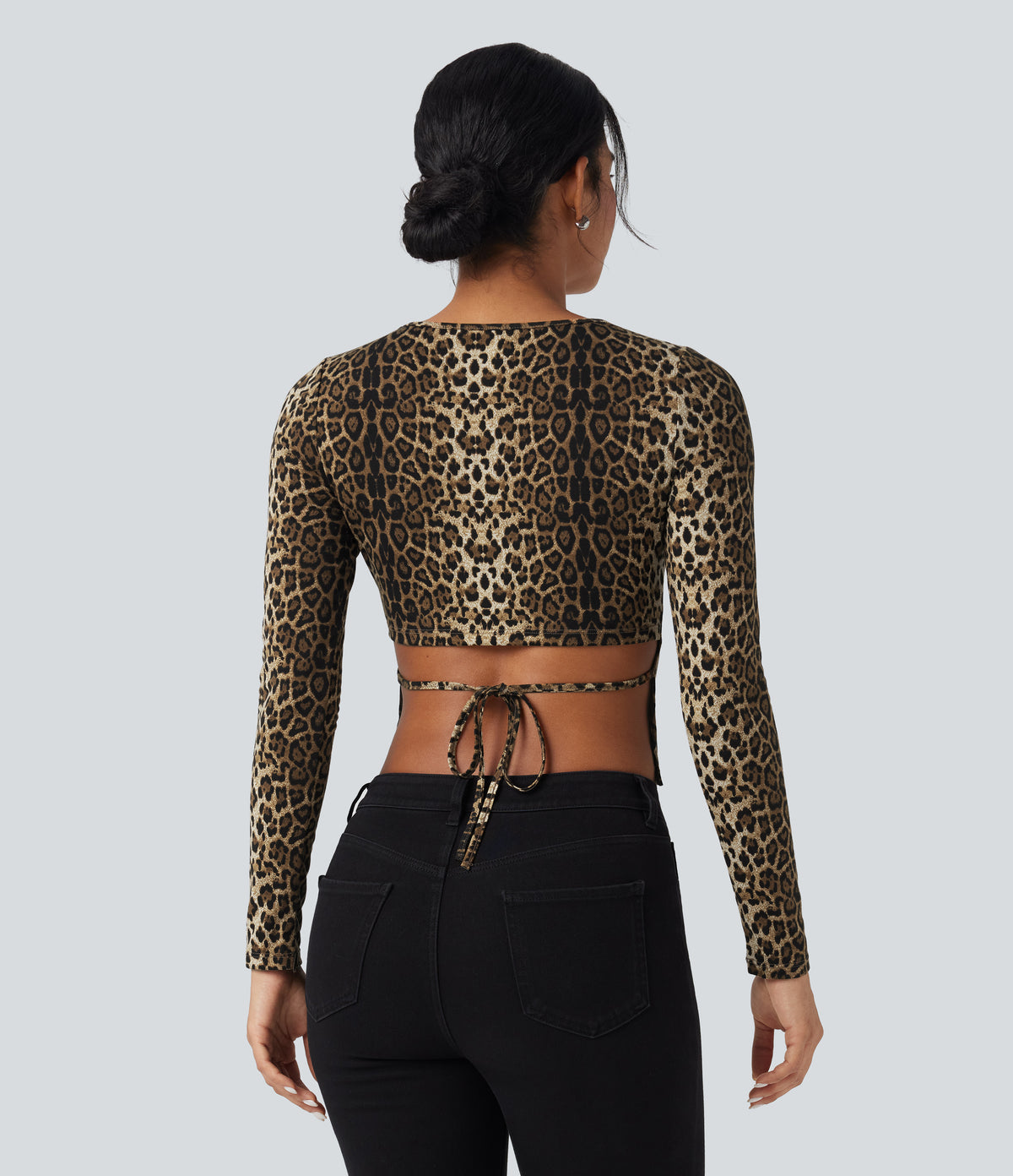 Round Neck Long Sleeve Tie Back Leopard Print Slim Casual Top — Safari Spot — view 2
