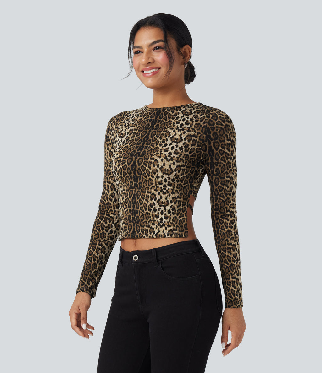 Round Neck Long Sleeve Tie Back Leopard Print Slim Casual Top — Safari Spot — view 4