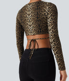 Round Neck Long Sleeve Tie Back Leopard Print Slim Casual Top — Safari Spot — view 1