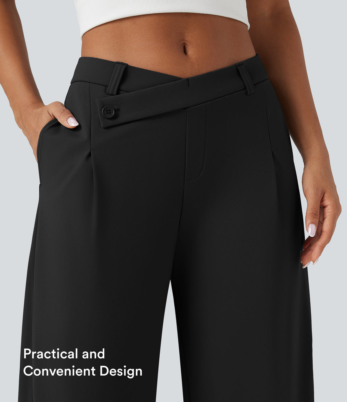 Asymmetric Mid Rise Tapered Work Trousers with Pockets — Black — view 7