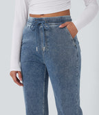 Mid Rise Drawstring Straight Leg Casual Jogger Jeans with Pockets — Tide Blue Denim — view 4