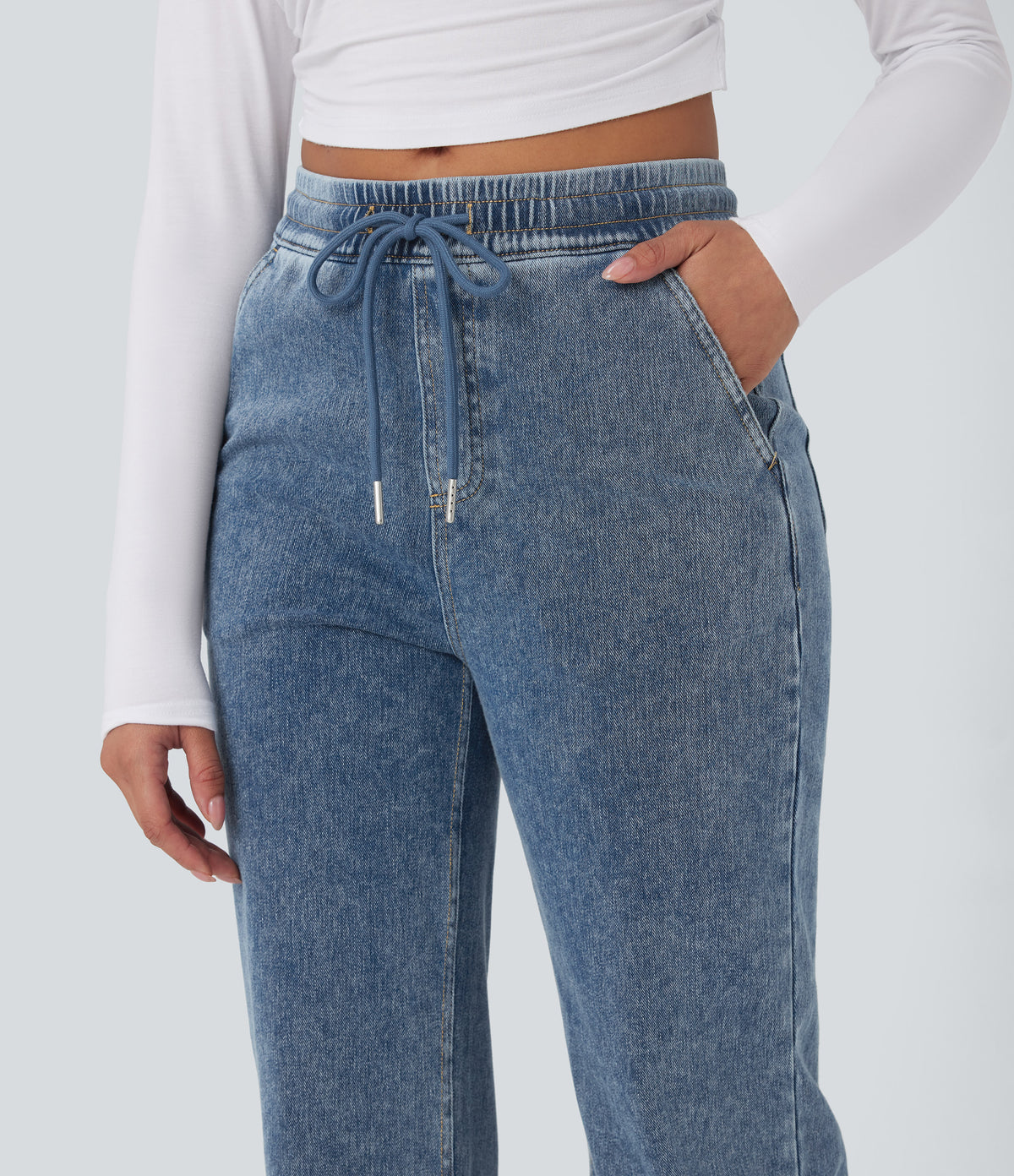 Mid Rise Drawstring Straight Leg Casual Jogger Jeans with Pockets — Tide Blue Denim — view 4