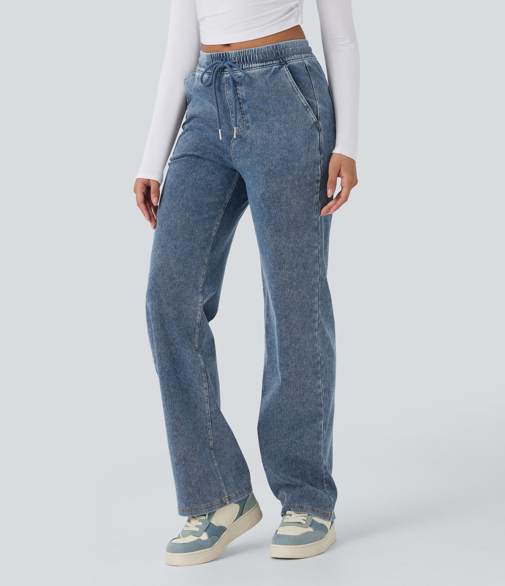 Mid Rise Drawstring Straight Leg Casual Jogger Jeans with Pockets — Tide Blue Denim — view 3