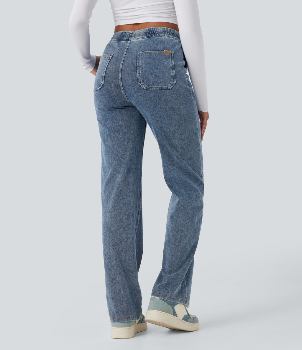 Mid Rise Drawstring Straight Leg Casual Jogger Jeans with Pockets — Tide Blue Denim — view 2