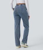 Mid Rise Drawstring Straight Leg Casual Jogger Jeans with Pockets — Tide Blue Denim — view 2