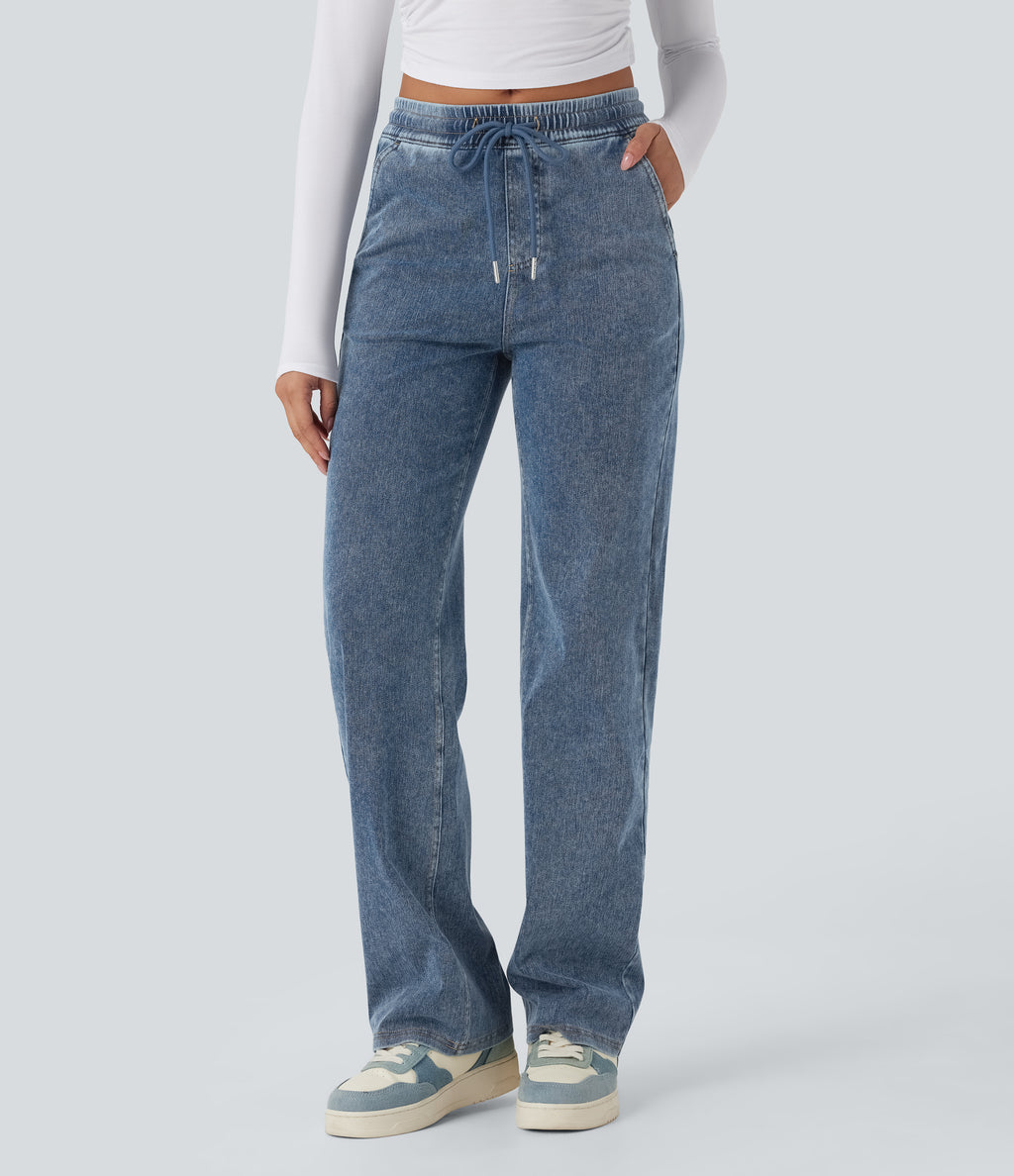 Mid Rise Drawstring Straight Leg Casual Jogger Jeans with Pockets — Tide Blue Denim — view 1