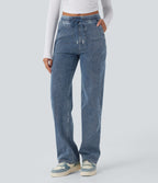 Mid Rise Drawstring Straight Leg Casual Jogger Jeans with Pockets — Tide Blue Denim — view 1