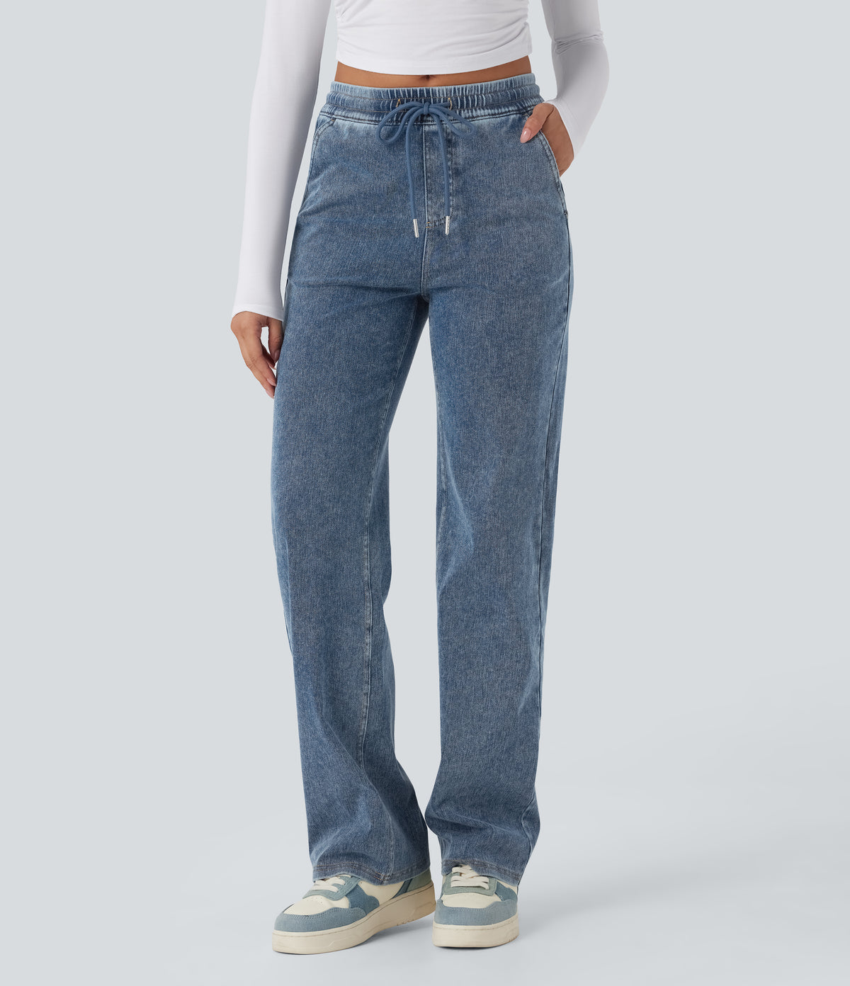 Mid Rise Drawstring Straight Leg Casual Jogger Jeans with Pockets — Tide Blue Denim — view 1