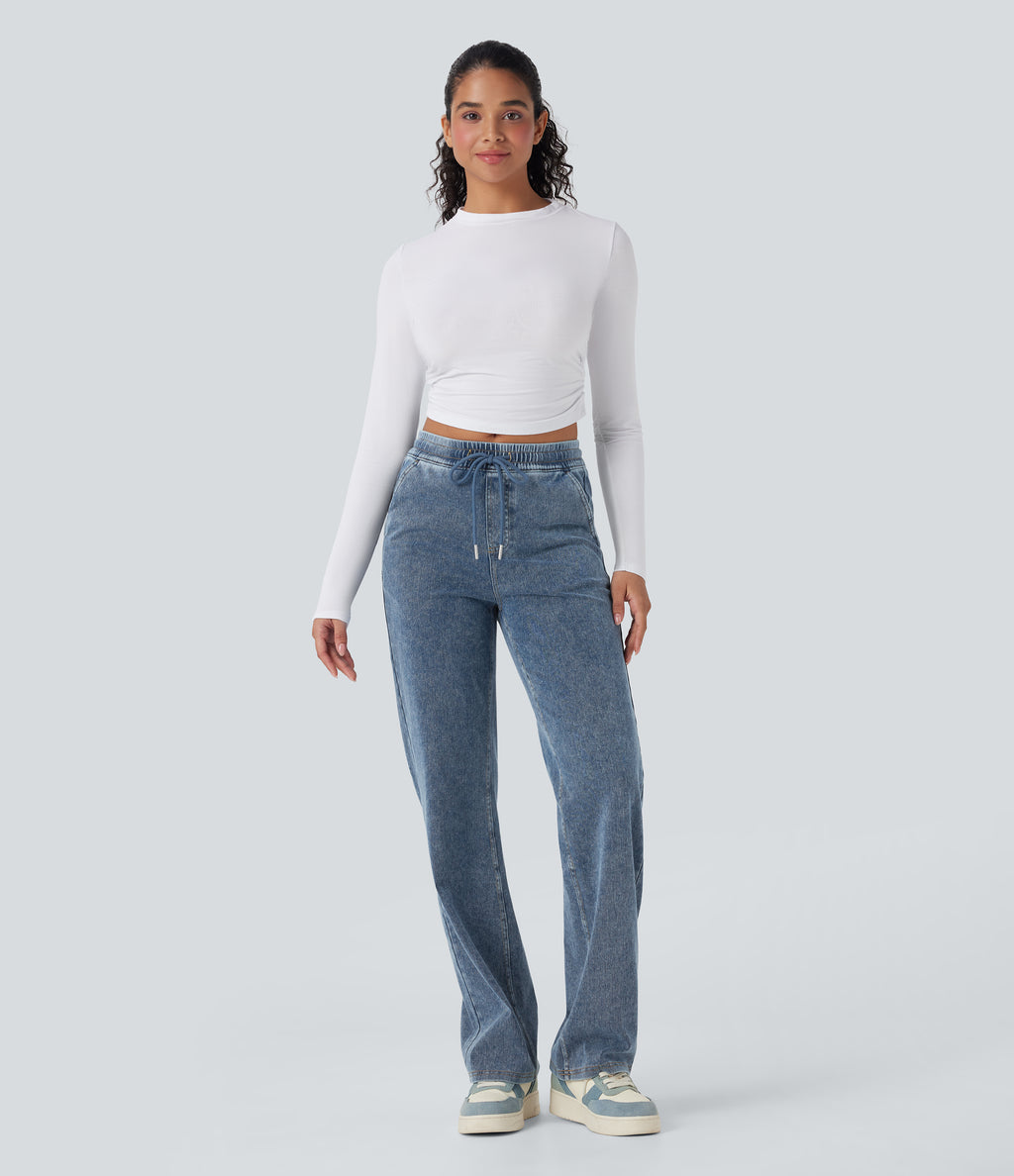 Mid Rise Drawstring Straight Leg Casual Jogger Jeans with Pockets — Tide Blue Denim — view 6