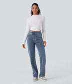 Mid Rise Drawstring Straight Leg Casual Jogger Jeans with Pockets — Tide Blue Denim — view 6