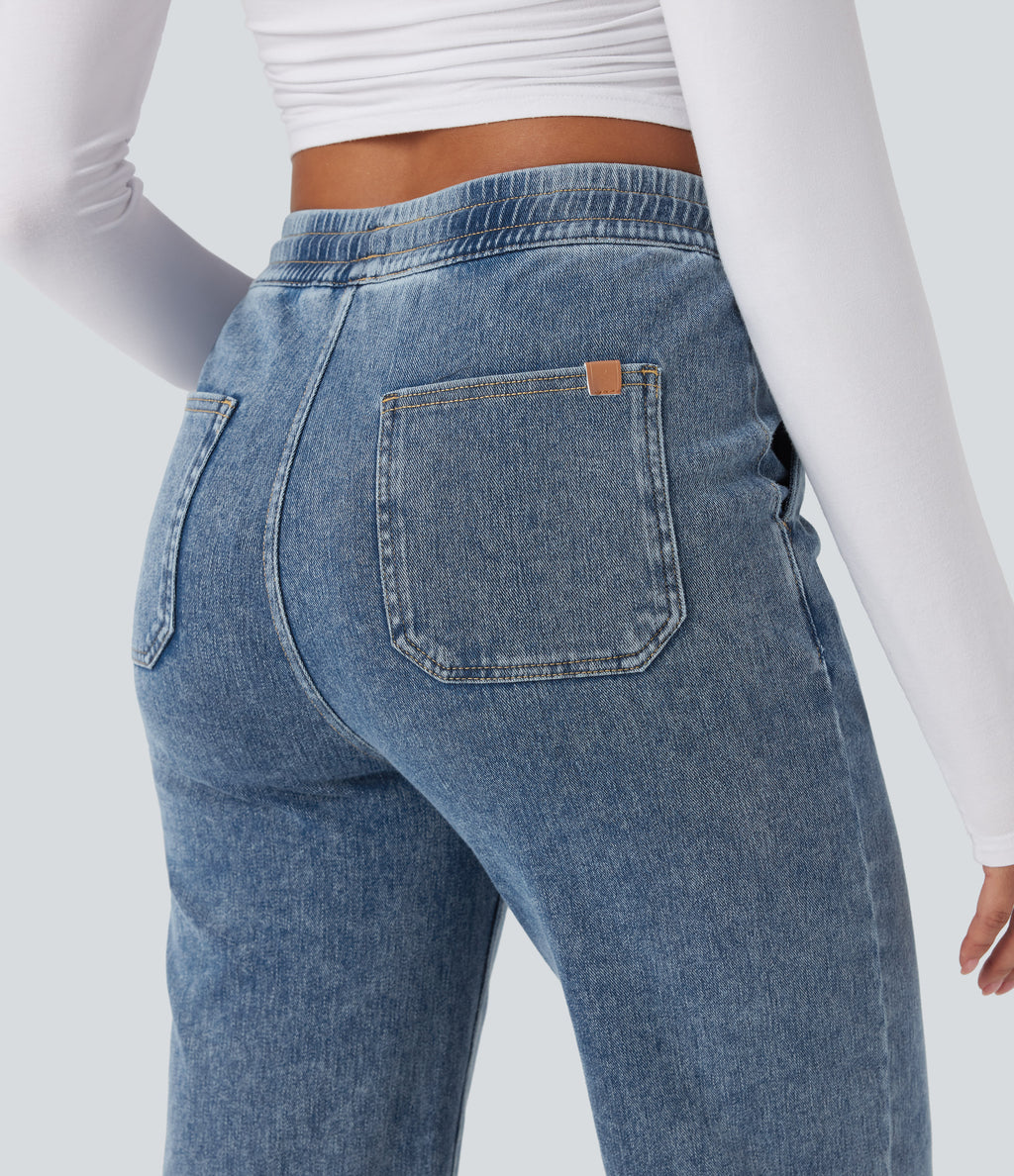 Mid Rise Drawstring Straight Leg Casual Jogger Jeans with Pockets — Tide Blue Denim — view 5