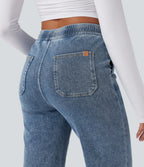 Mid Rise Drawstring Straight Leg Casual Jogger Jeans with Pockets — Tide Blue Denim — view 5