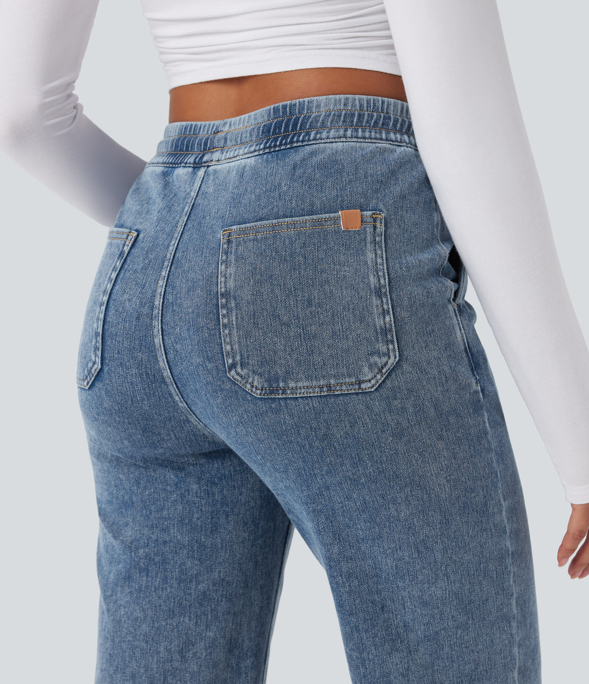 Mid Rise Drawstring Straight Leg Casual Jogger Jeans with Pockets — Tide Blue Denim — view 5