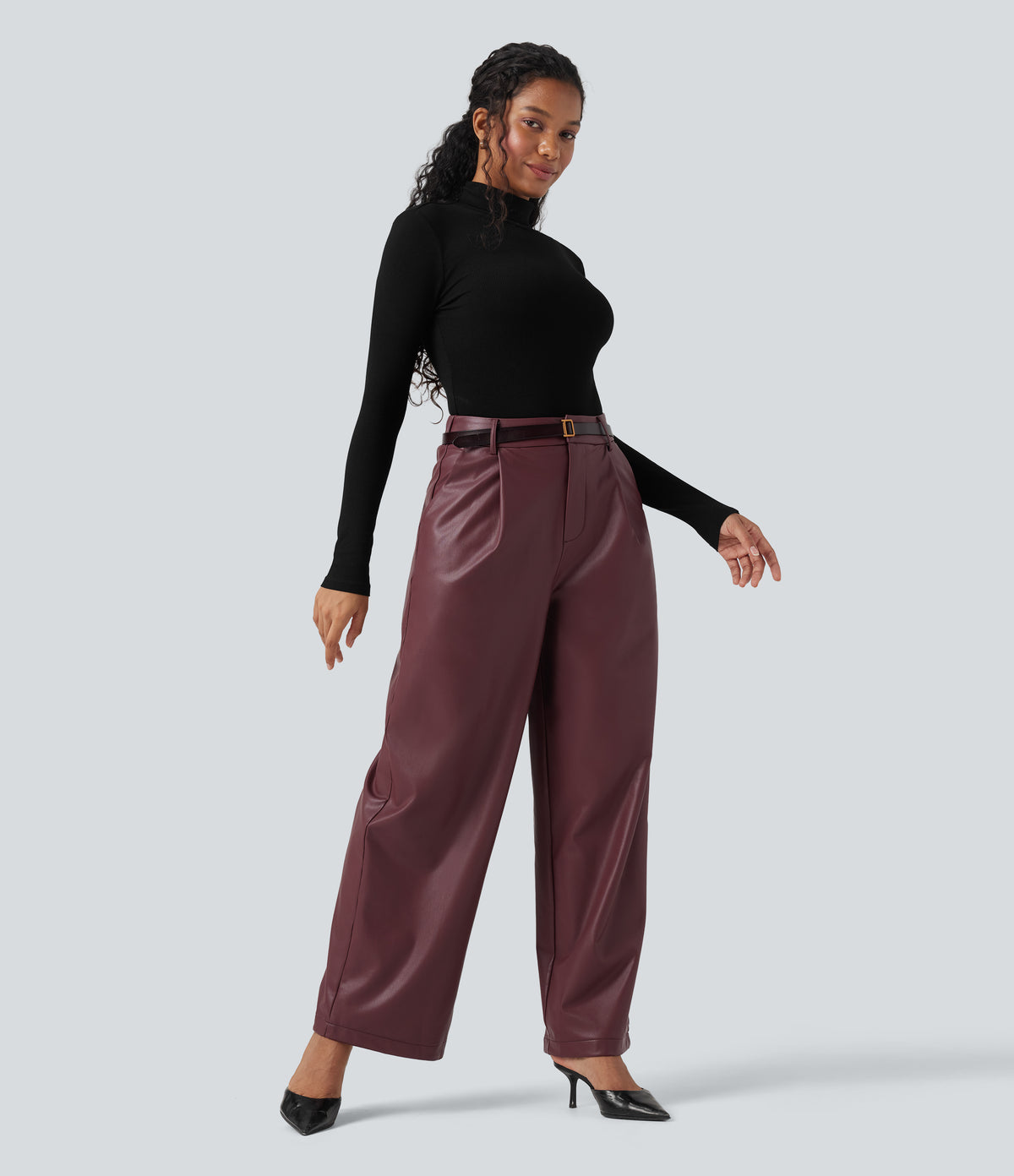 High Waisted Wide Leg Fleece Casual PU Faux Leather Trousers with Pockets — Red Mahogany — view 6
