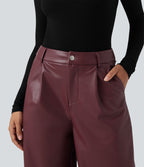 High Waisted Wide Leg Fleece Casual PU Faux Leather Trousers with Pockets — Red Mahogany — view 5