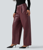 High Waisted Wide Leg Fleece Casual PU Faux Leather Trousers with Pockets — Red Mahogany — view 3