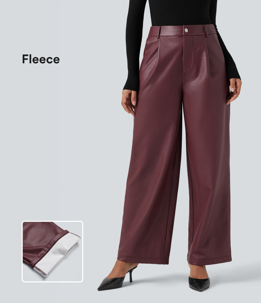 High Waisted Wide Leg Fleece Casual PU Faux Leather Trousers with Pockets — Red Mahogany — view 1