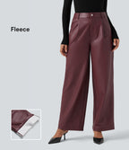 High Waisted Wide Leg Fleece Casual PU Faux Leather Trousers with Pockets — Red Mahogany — view 1