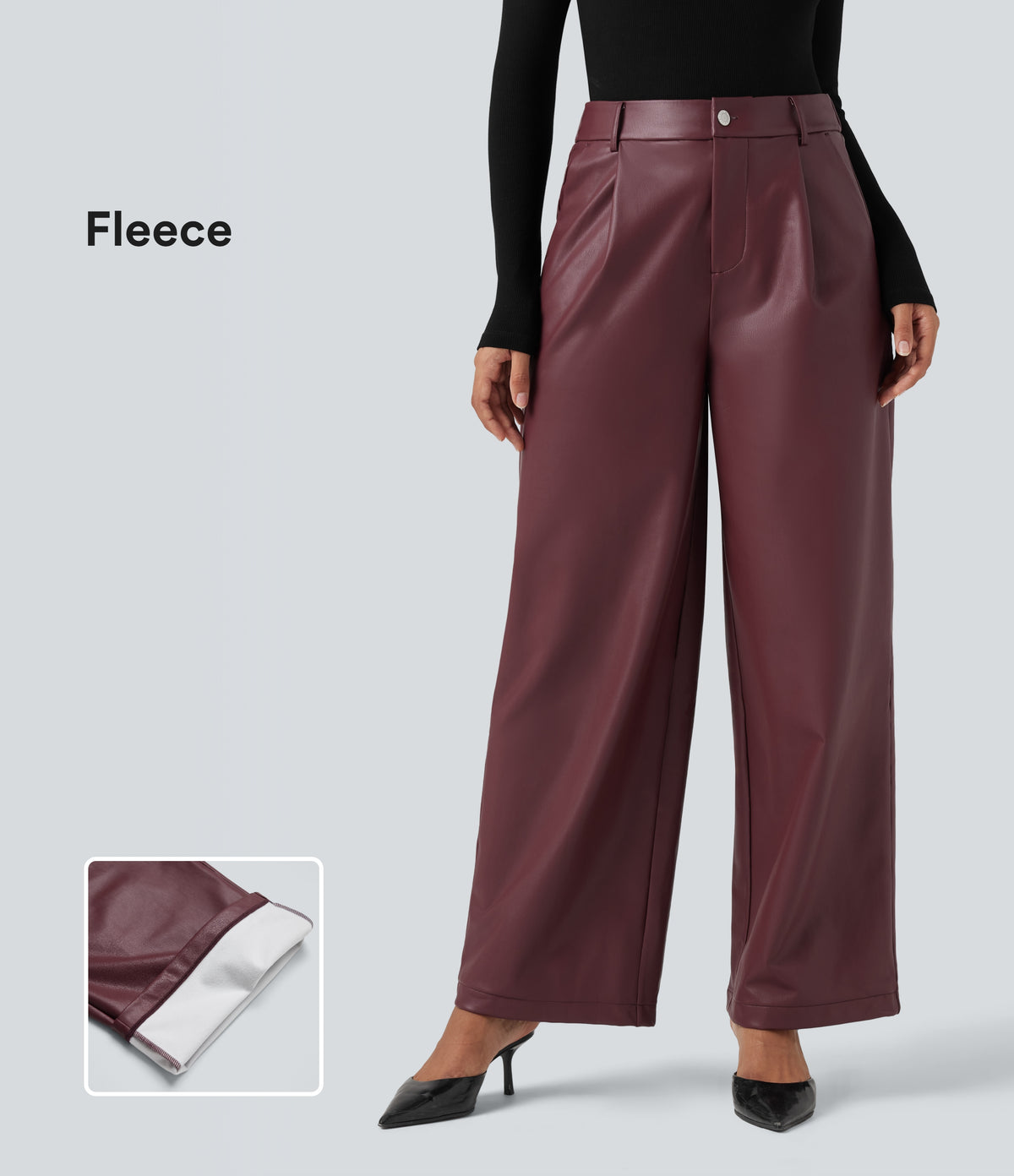High Waisted Wide Leg Fleece Casual PU Faux Leather Trousers with Pockets — Red Mahogany — view 1