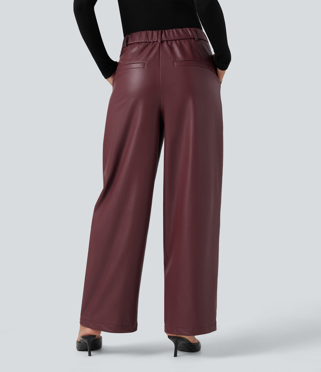 High Waisted Wide Leg Fleece Casual PU Faux Leather Trousers with Pockets — Red Mahogany — view 2