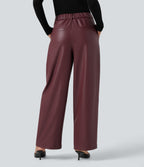 High Waisted Wide Leg Fleece Casual PU Faux Leather Trousers with Pockets — Red Mahogany — view 2