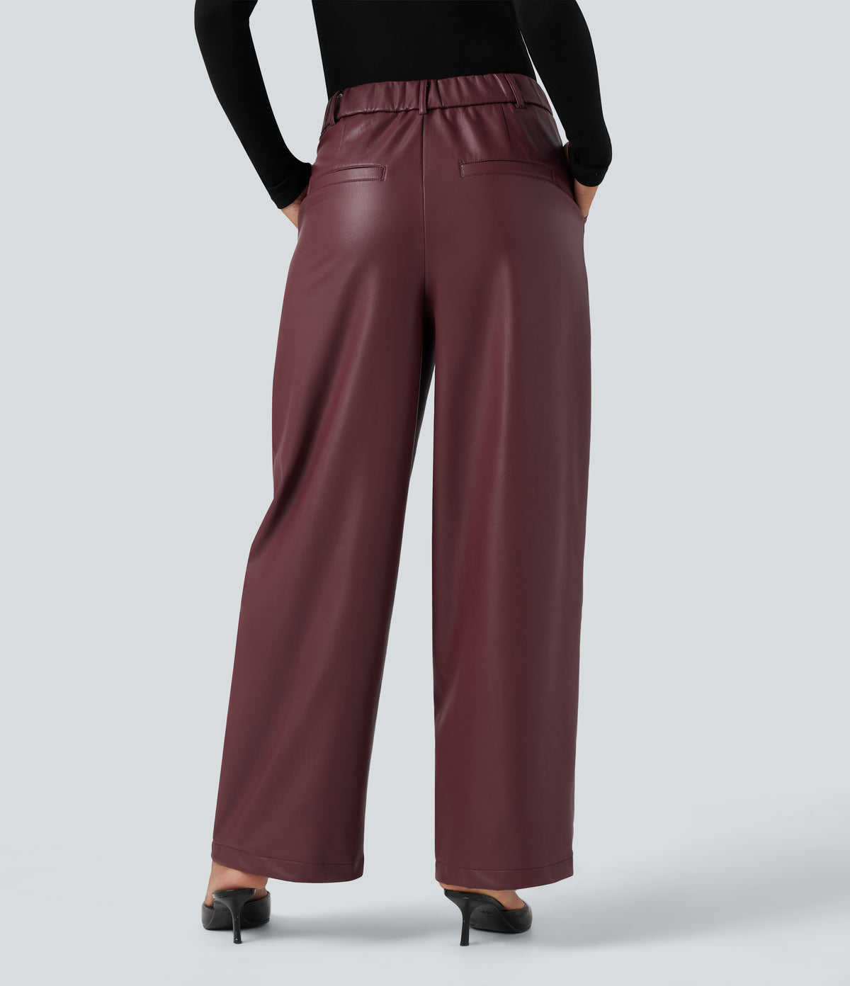 High Waisted Wide Leg Fleece Casual PU Faux Leather Trousers with Pockets — Red Mahogany — view 2