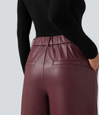 High Waisted Wide Leg Fleece Casual PU Faux Leather Trousers with Pockets — Red Mahogany — view 4