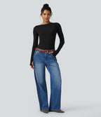 Boat Neck Long Sleeve Thumb Hole Casual Wool-Blend Top — Black — view 7