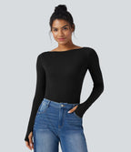 Boat Neck Long Sleeve Thumb Hole Casual Wool-Blend Top — Black — view 1