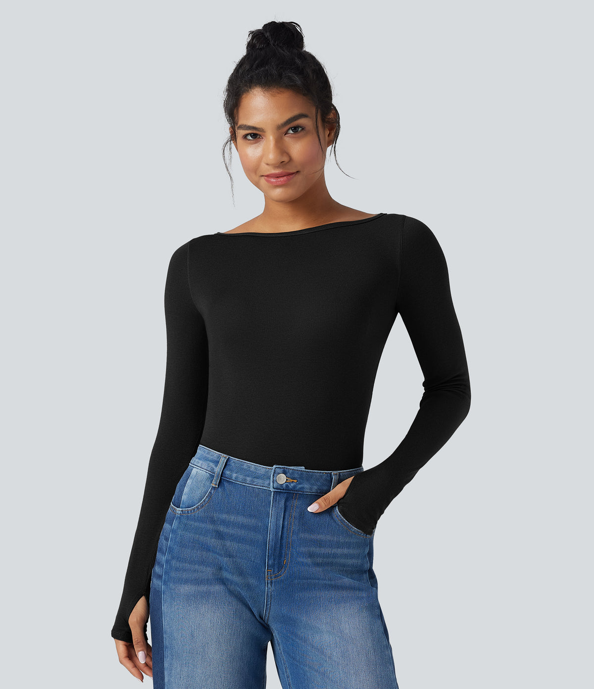 Boat Neck Long Sleeve Thumb Hole Casual Wool-Blend Top — Black — view 1