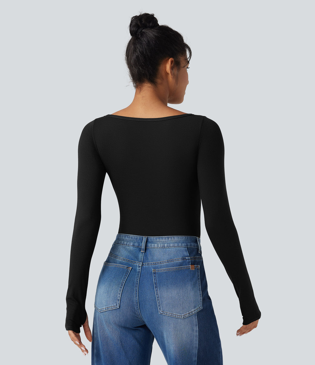 Boat Neck Long Sleeve Thumb Hole Casual Wool-Blend Top — Black — view 2