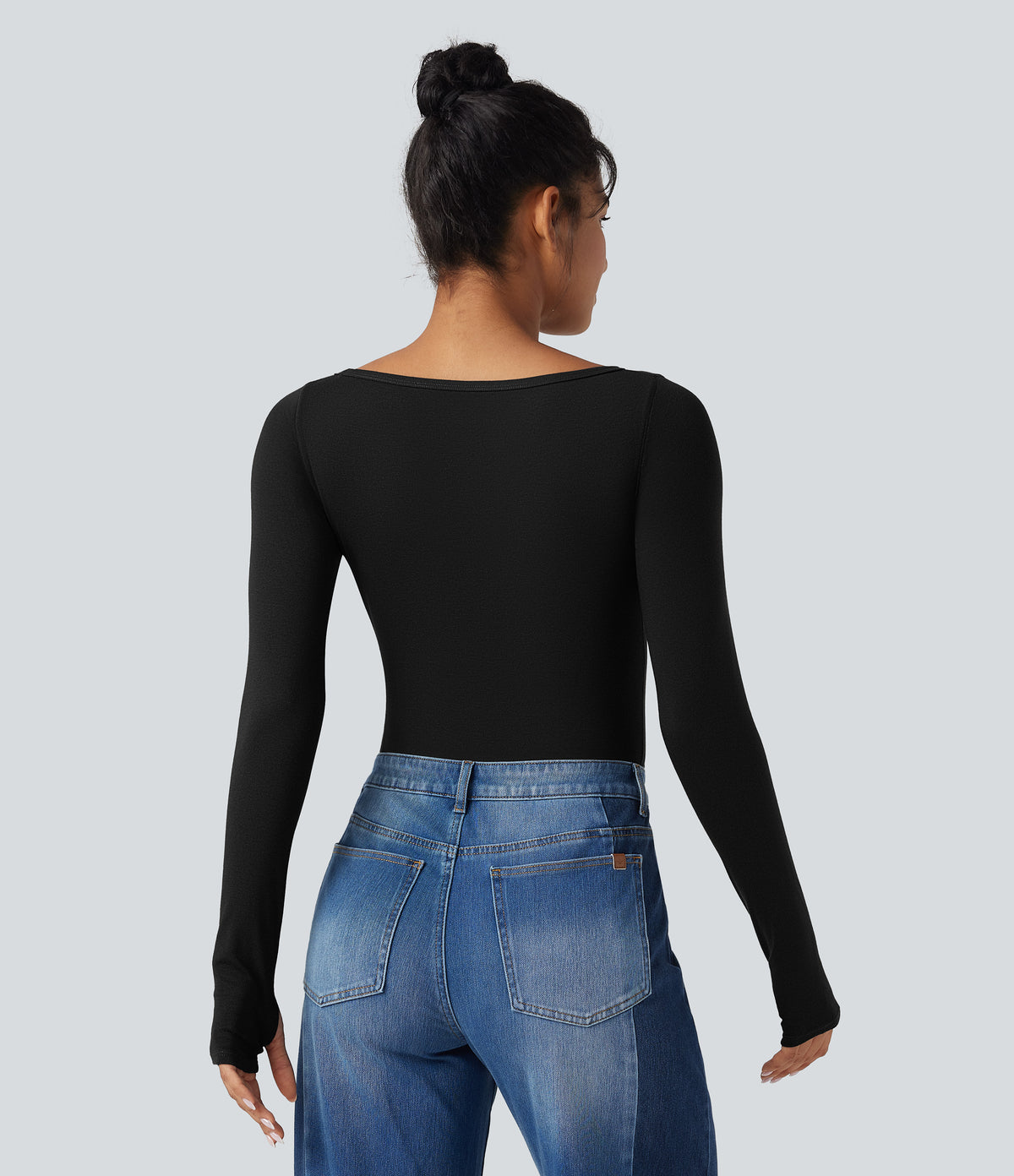 Boat Neck Long Sleeve Thumb Hole Casual Wool-Blend Top — Black — view 2