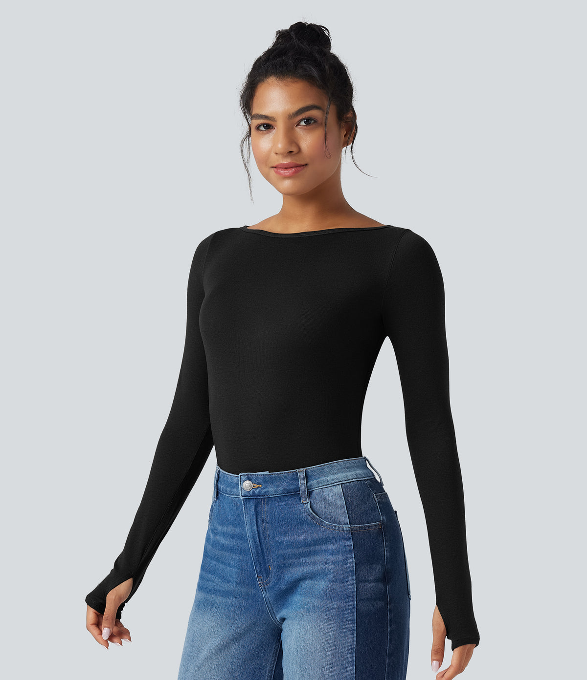 Boat Neck Long Sleeve Thumb Hole Casual Wool-Blend Top — Black — view 3