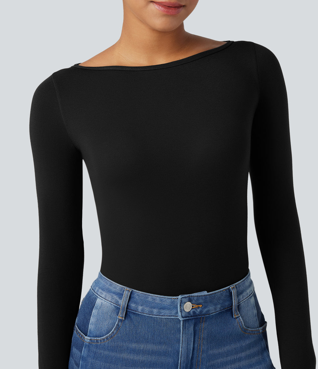 Boat Neck Long Sleeve Thumb Hole Casual Wool-Blend Top — Black — view 4