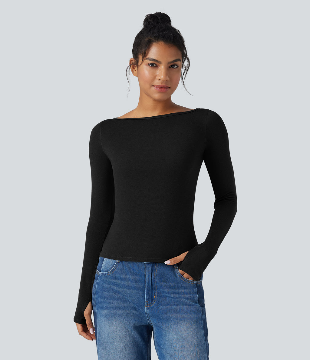Boat Neck Long Sleeve Thumb Hole Casual Wool-Blend Top — Black — view 6