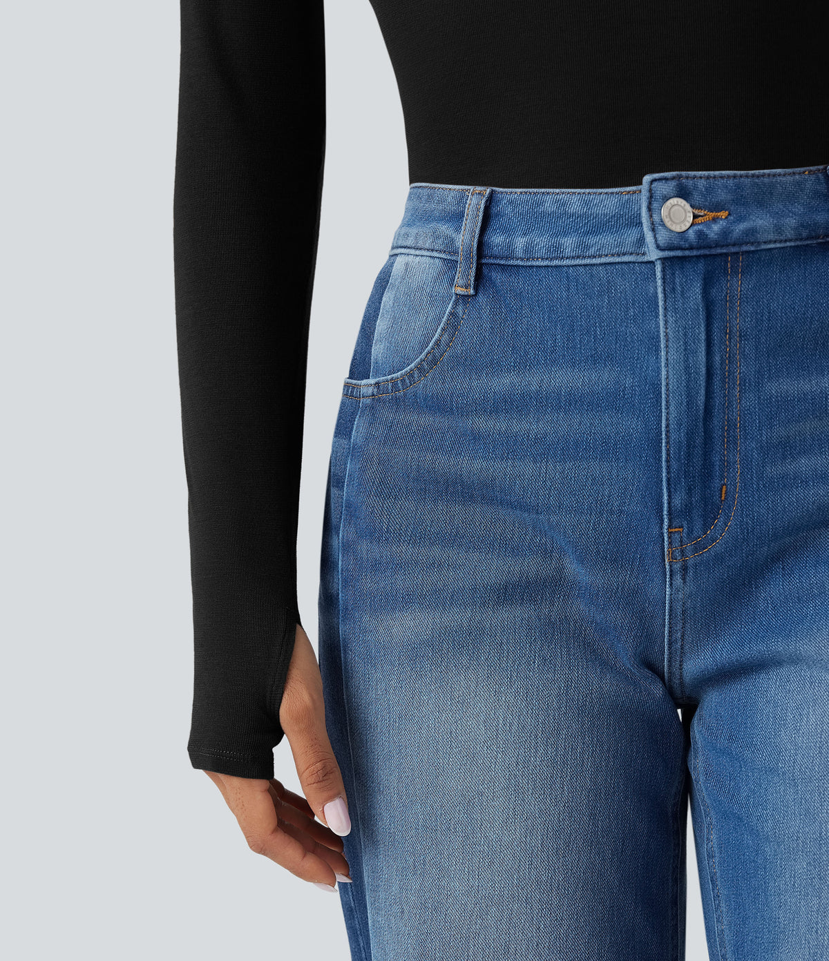 Boat Neck Long Sleeve Thumb Hole Casual Wool-Blend Top — Black — view 5