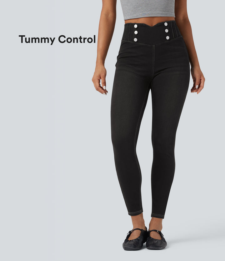 High Waisted Tummy Control Skinny Denim Casual Leggings with Pockets — Phantom Denim — view 1