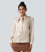 Tie Front Long Sleeve Satin Work Shirt — Birch — view 6