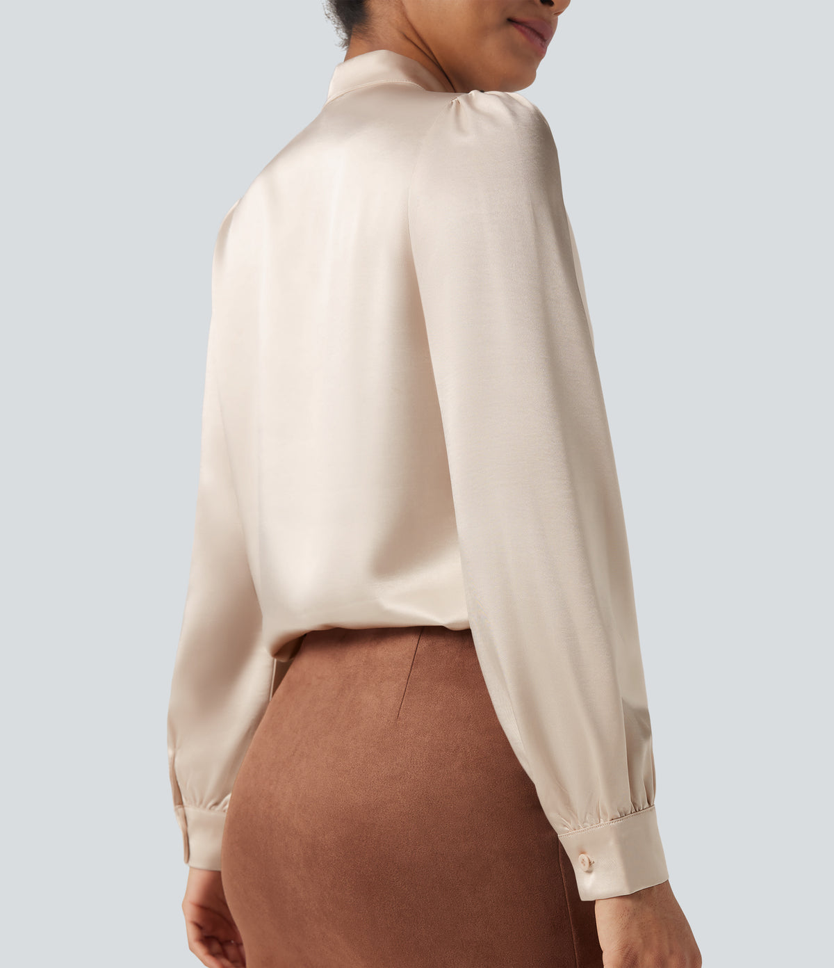 Tie Front Long Sleeve Satin Work Shirt — Birch — view 4