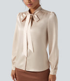 Tie Front Long Sleeve Satin Work Shirt — Birch — view 5