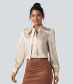 Tie Front Long Sleeve Satin Work Shirt — Birch — view 3