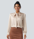 Tie Front Long Sleeve Satin Work Shirt — Birch — view 1