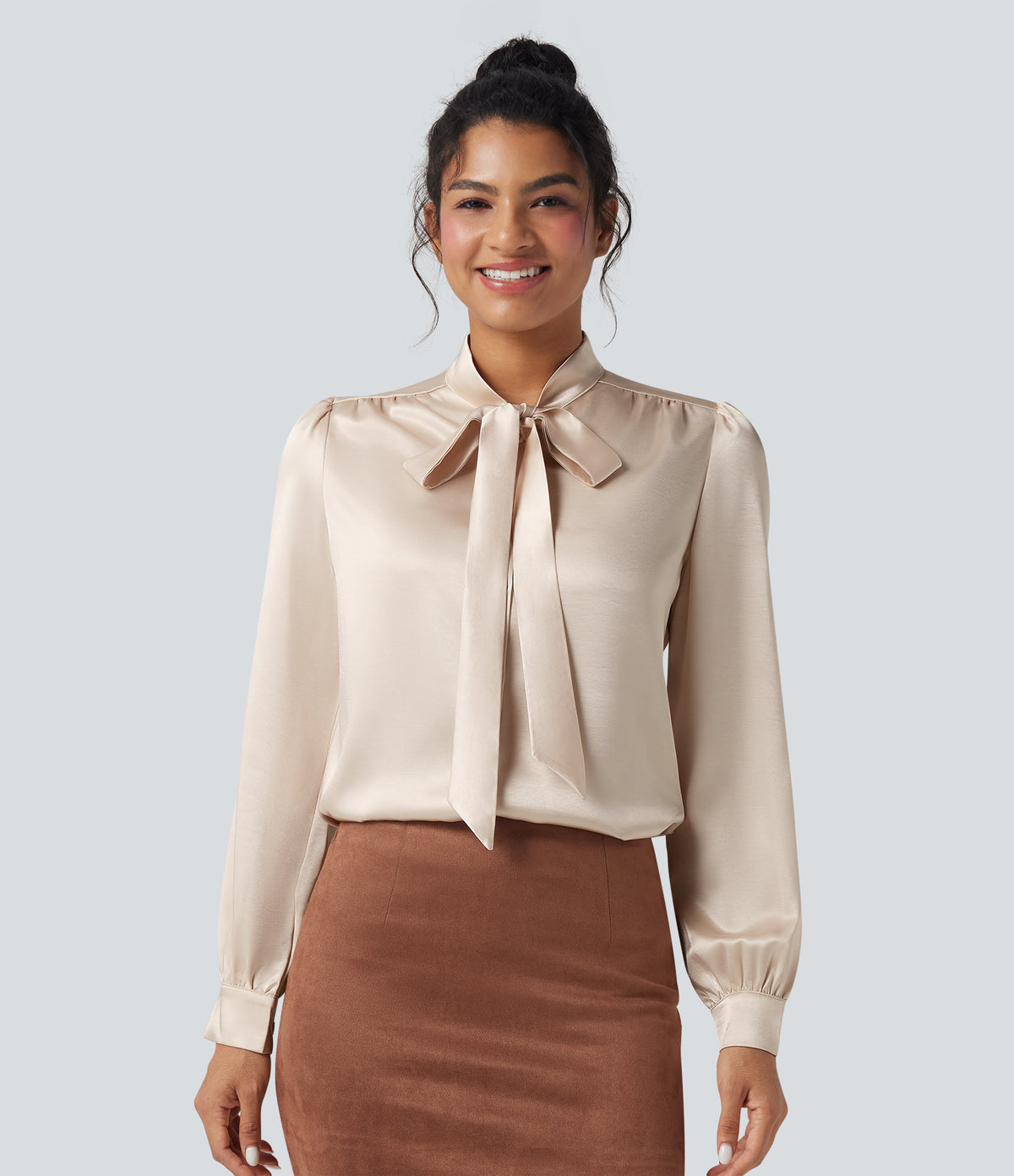 Tie Front Long Sleeve Satin Work Shirt — Birch — view 1