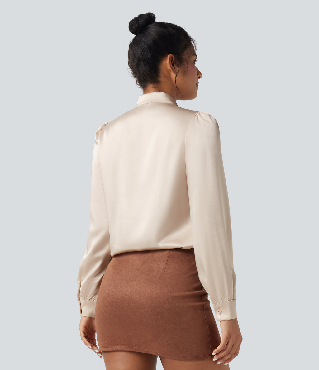 Tie Front Long Sleeve Satin Work Shirt — Birch — view 2